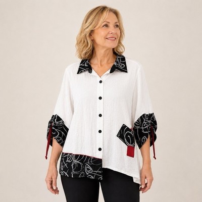 Ali Miles Button Up Tunic Large White Black Abstract Crinkle Art Boxy Lagenlook