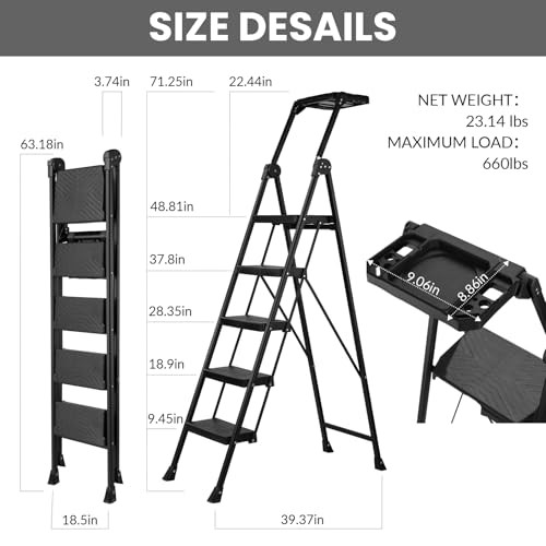  5 Step Ladder, Foldable Handrail & Tool Tray Stool Ladders with 5 step Black - Picture 8 of 8