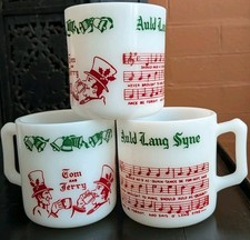 3 Vtg 1960s Hazel Atlas Tom Jerry Auld Lang Syne Milk Glass Cup Mug Egg Nog Xmas