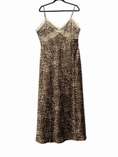 Ann Taylor Loft Satin Midi Slip Dress Sz 12 Leopard Print Cocktail 90s Y2K Lace