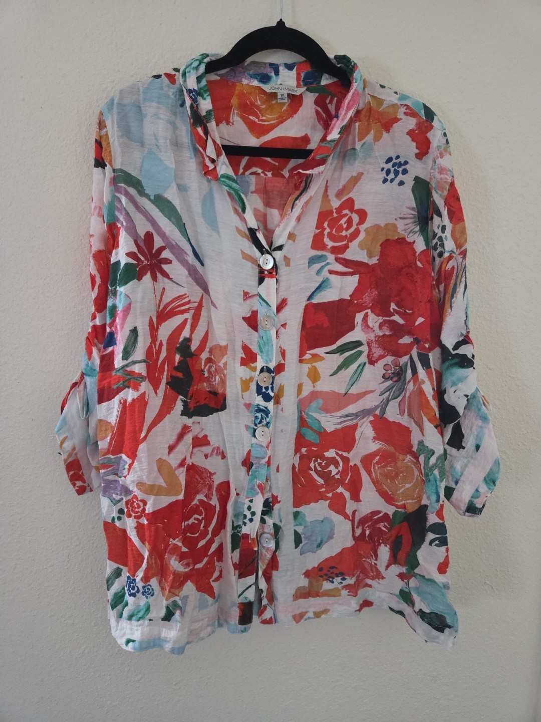 Womens John Mark Colorful Floral Button Up Long Sleeve Blouse Sz 1x