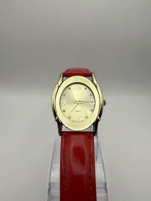 Women's Avon BWC Red Strap Oval Watch Gold w/ Crystals Between Numbers Beautiful