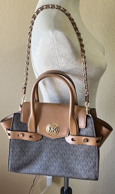 Michael Kors Carmen Medium Logo Belted Satchel Brown And Acorn.