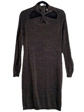 Michael Kors Dress Neck Twist Long Sleeve Black Gold Sparkle Shimmer Womens S