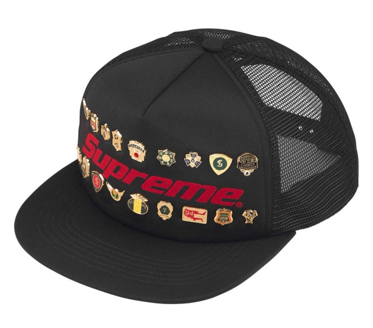 Supreme Pins Mesh Back 5-Panel Cap Black Trucker Hat Logo SS26