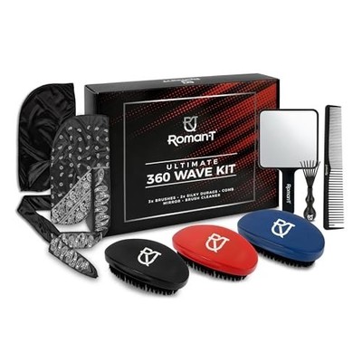Roman-T 360 Wave Kit Men 8-Pc W/ 3 Wave Brushes 2 Satin Durag Comb Mirror