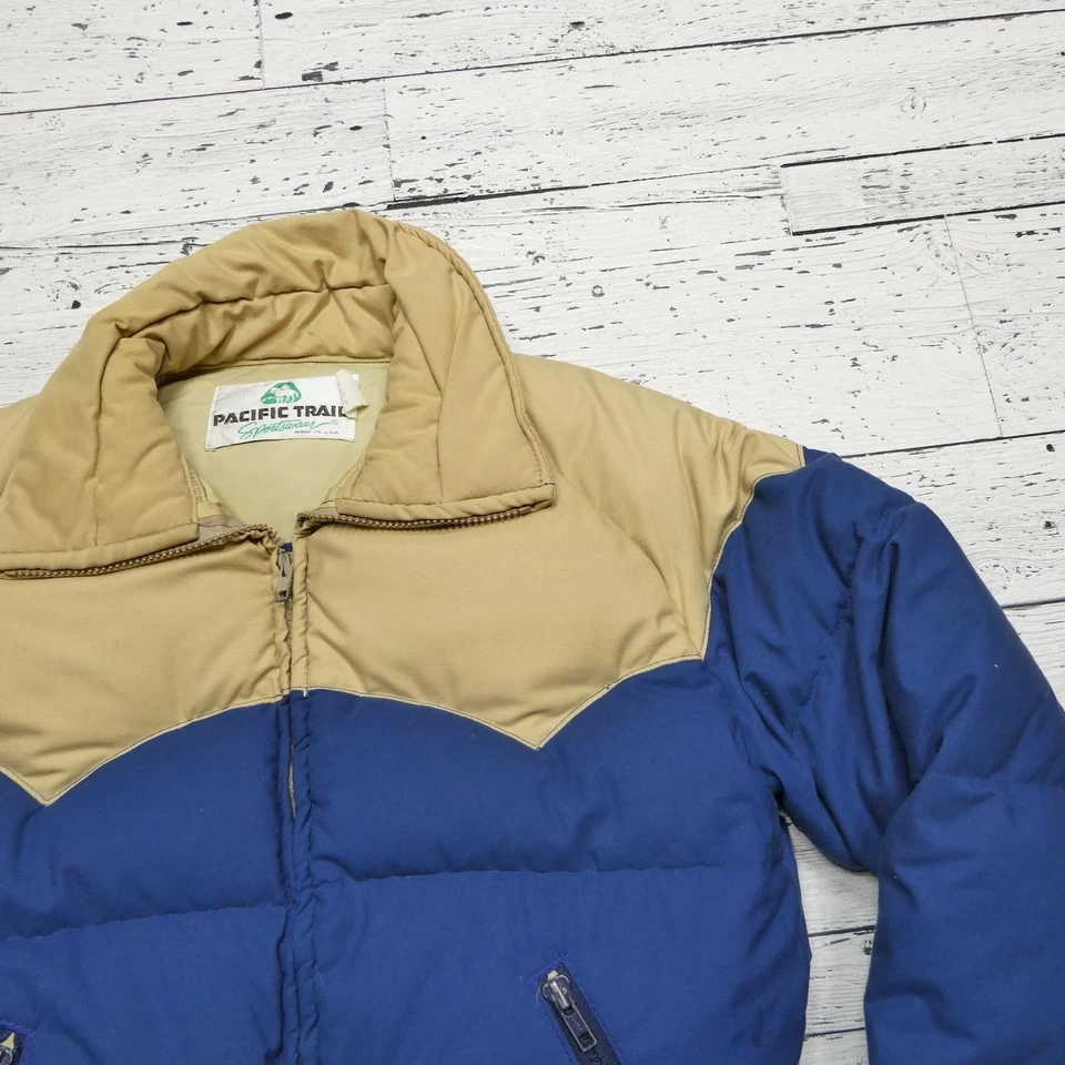 Vintage Pacific Trail Jacket Mens Small Blue Tan Down Puffer Made USA Retro 80s - Image 2 of 4