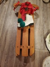 Vintage Handmade OakWood Sled Decorated 19x11" Skates Red Bow Decor Christmas