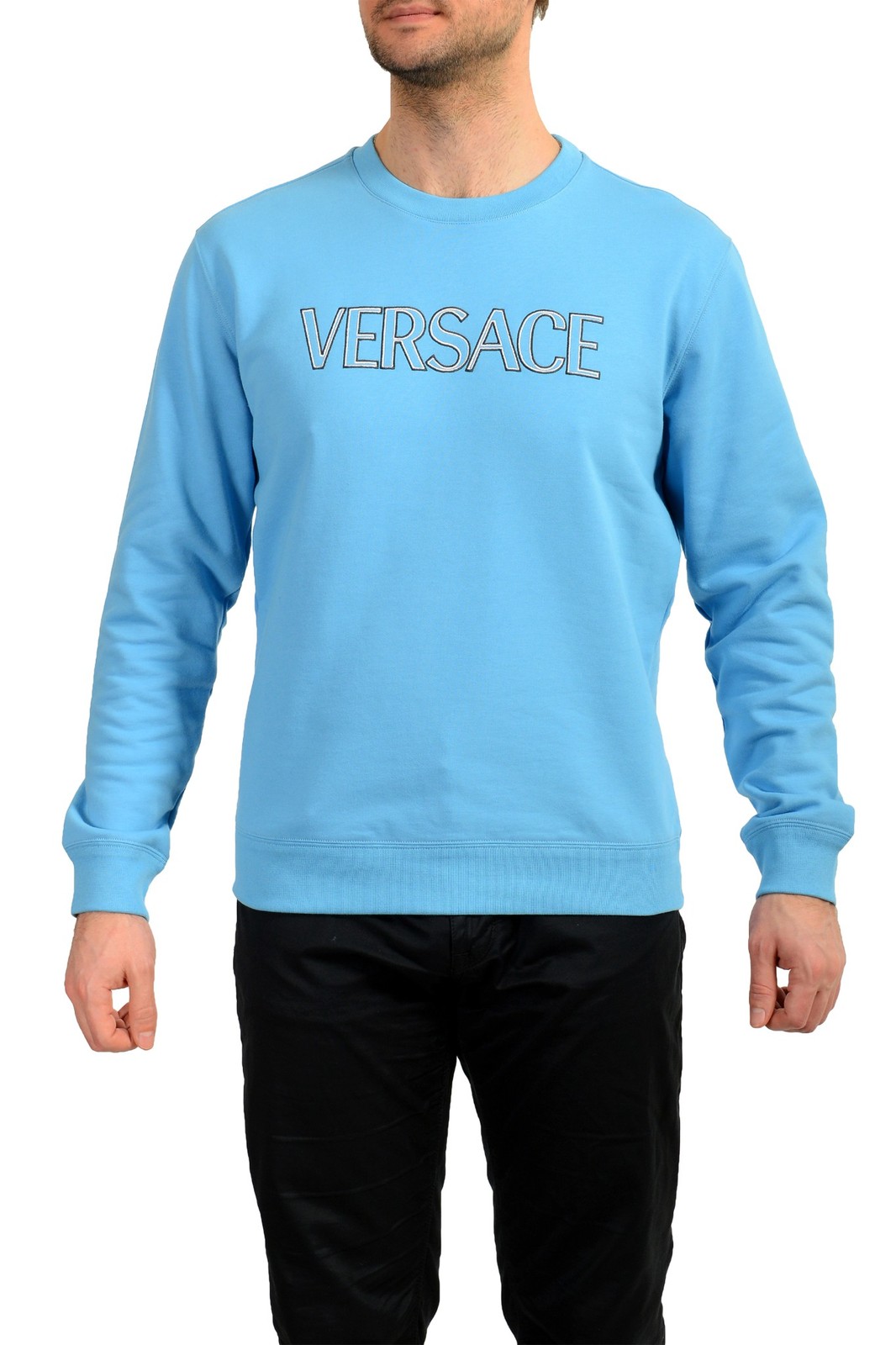 Мужская флисовая хлопковая толстовка Versace с вышитым логотипом небесно-голубого цвета US XL IT 54 49690₽