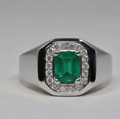Certified Natural Green Emerald & Diamond Men's Engagement Ring 14k White Gold