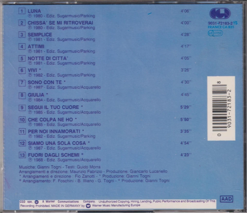 GIANNI TOGNI - RARO CD FUORI CATALOGO " LE PIU' BELLE CANZONI " - Immagine 2 di 2