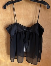 NWT Zara Black Combination Satin Semi Sheer Tie Front  Camisole Top Szz S