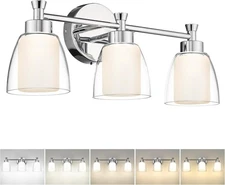 Chrome Vanity Light 3-Light,LED Bathroom Lights Over Mirror with Clear Frosted G