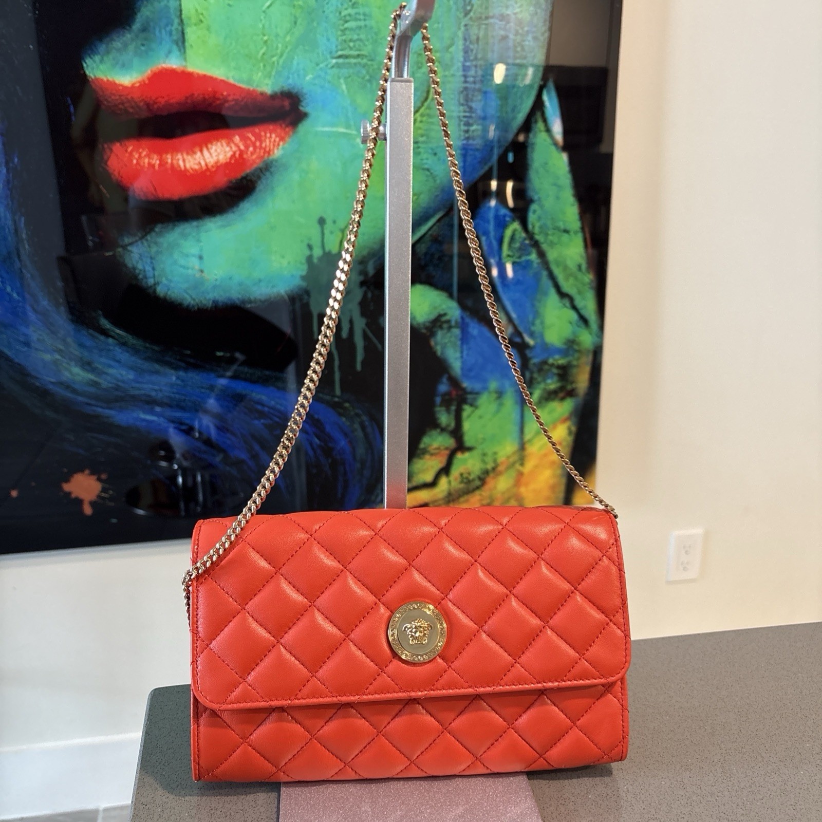 NWT VERSACE Wallet On Chain Quilted Lamb Leather Coral And Gold $1795 Retail