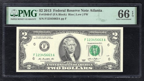 FR. 1940-F 2013 $2 FRN “LADDER S/N F12345663A” PMG GEM UNCIRCULATED-66EPQ - Picture 1 of 2
