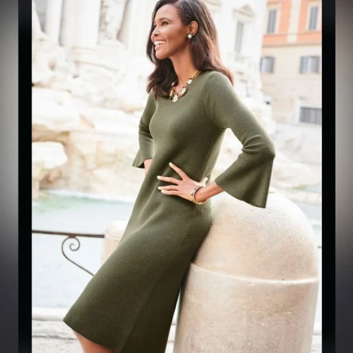 Talbots 100% Merino Wool Flounce Sleeve Sweater Dress LARGE Olive Green READ
