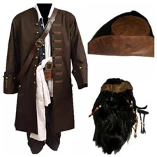 Pirates of the Caribbean Jack Sparrow Cosplay Full Suit Costume Hat Wig Beard