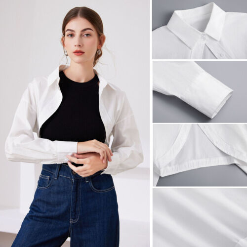 Mujeres Cárdigan Blanco Cuello Falso Blusa Frente Abierto Recortado Encogido de hombros Camisa - Imagen 5 de 8