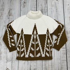 TRUE VTG 60S 70S MOD ACRYLIC TURTLENECK SWEATER FUNKY ABSTRACT GOLD WHITE SZ S