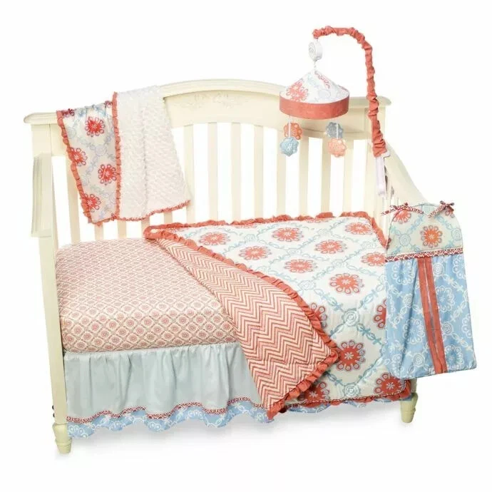 Juego de ropa de cama vintage de 4 piezas CoCaLo Dalia para cuna niña guardería rosa azul blanco moderno Foto 2 de 2