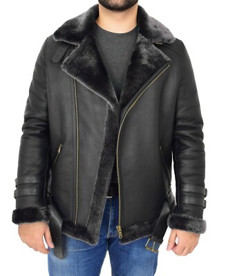 Herren Echt Lammfell Jacke Schwarz X-Zip Flieger Brando Shearling Biker Stil Mantel
