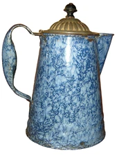 Vintage Graniteware Enamelware Blue & White Swirl COFFEE POT COWBOY