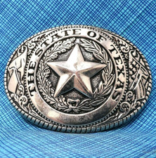State of Texas Belt Buckle Cowboy Star Flags Scroll Cowgirl Vtg 1980s  .PCB325