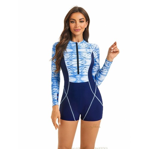Women's Long Sleeve Swimwear Rash Guard UV Protection One Piece Surfing Swimsuit - Picture 6 of 25
