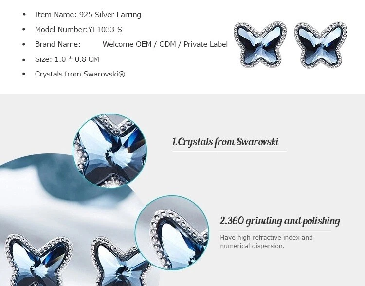  Tachuelas mariposa plateadas hechas con cristales de zafiro de SWAROVSKI(R)    Foto 3 de 4