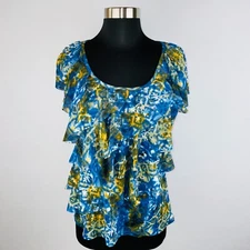 AB Studio Top Womens Colorful Ruffle Tiered Lightweight Abstract Work Job M