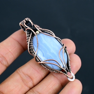 Blue Lace Agate Gemstone Copper Wire Wrapped Gift For Pendant
