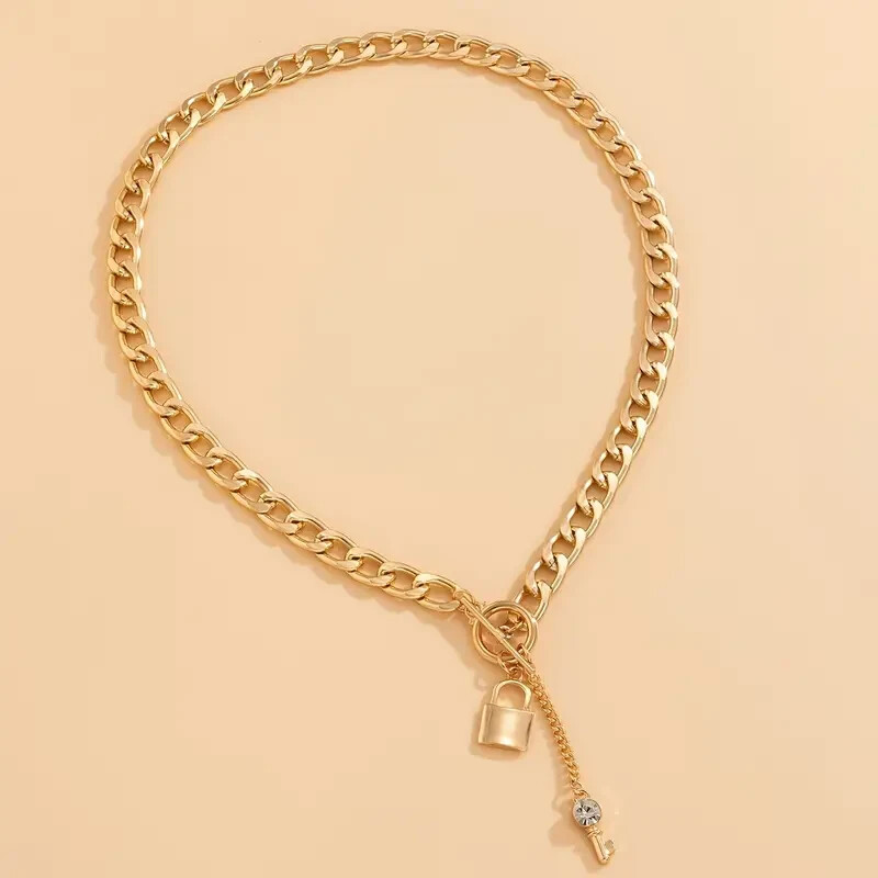 18K Gold Plated Cuban Curb Chain Padlock And Key Statement Necklace