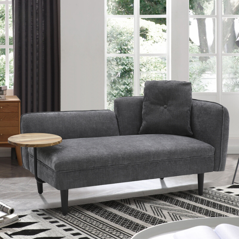 Linen Chaise Longue 2 Seater Lounge Sofabed Accent Bed Wood Legs with Side Table