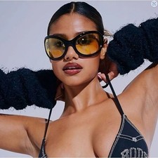 Oversized Sunglasses Women Black Frame Yellow Lens Fashion Sun Glasses Lentes