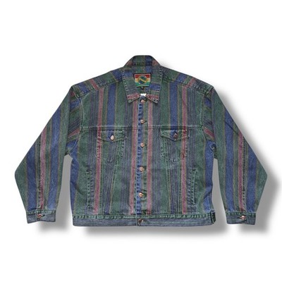 90s Vintage Color Block Structure Jeans Wear Multi Colored Denim Jacket Size XL