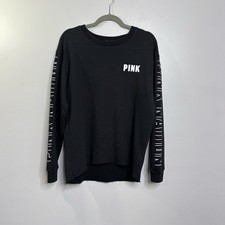 Victoria's Secret PINK Fleece Campus Crew Black Sweatshirt Size XS Spell Out