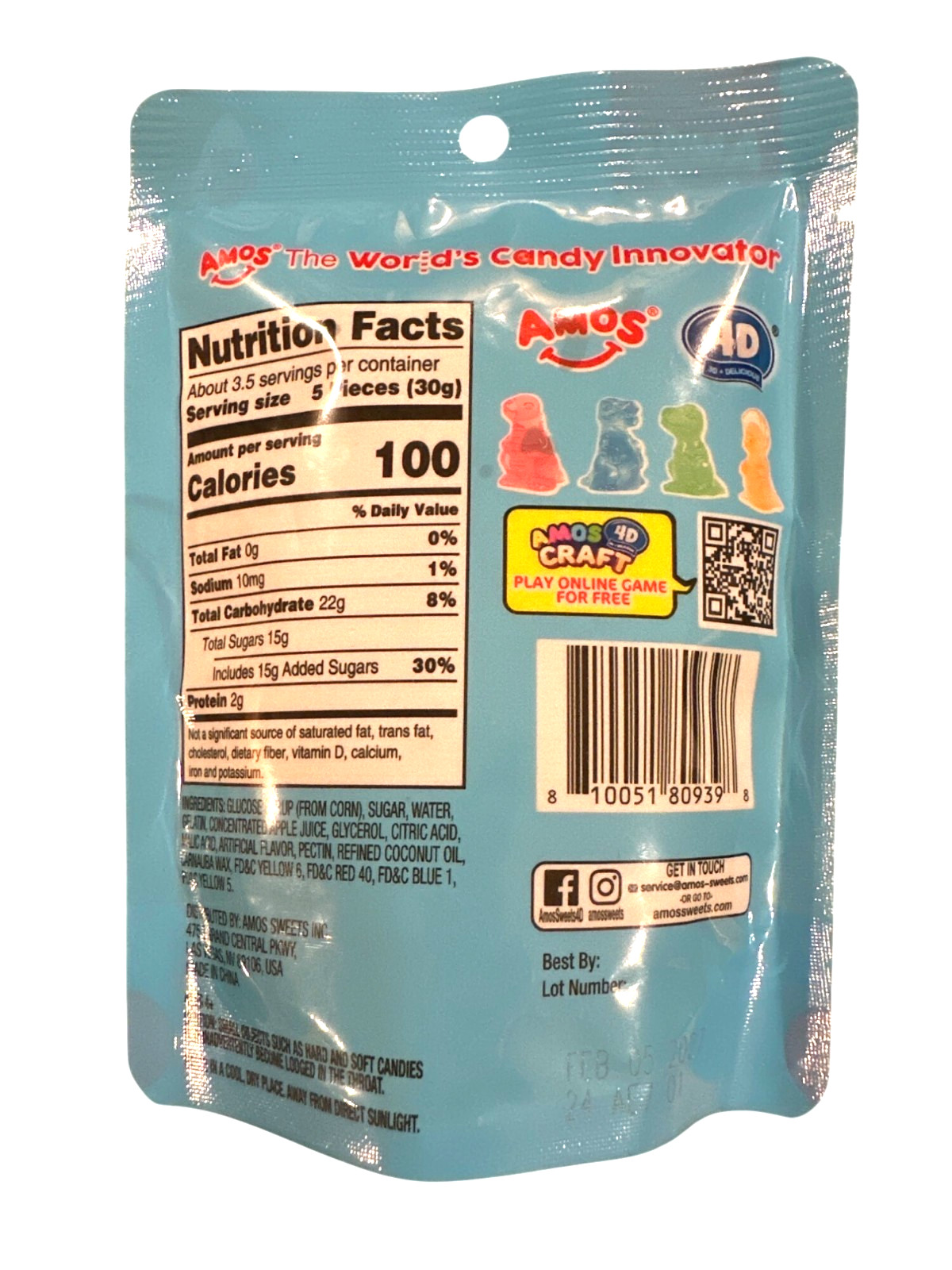 Amos 4D Delicious Gummy Dinosaur Candy 3.53 Oz Fruity Flavors w/Real Fruit Juice