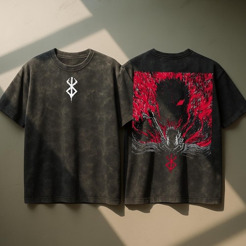 Berserk Anime Snow Washed Oversized Cotton T-Shirt Guts Anime Tee Gift For Him