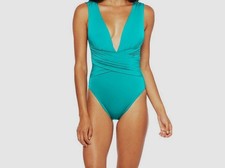 Trina Turk Women Blue Stretch Plunge V-Neck One-Piece Swimsuit Swimwear Sz 4