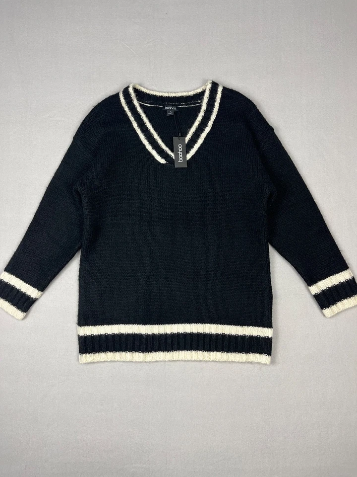 Boohoo Deep V Knitted Cricket Jumper Womens S Black White Oversized Sweater - image 2 of 4