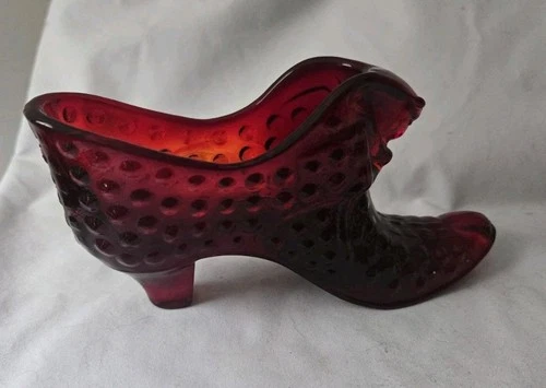 Vintage Fenton Ruby Red Hobnail Cat's Head Glass Slipper Boot Figurine