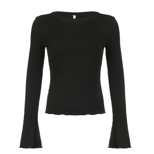New Women Long Flare Sleeves Round Neck Pleated T-Shirt Slim Fit Blouse Tops - Picture 13 of 13