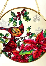 NIB Pair Of Cardinals Stained Glass Sun Catcher with Hanger & Suction Cup