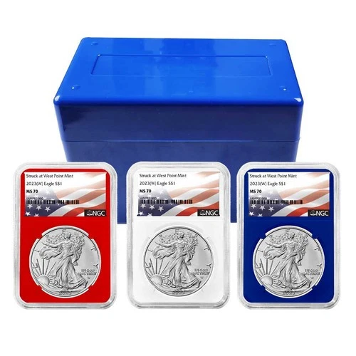 2023 (W) $1 American Silver Eagle 3pc Set NGC MS70 Flag Label Red White Blue