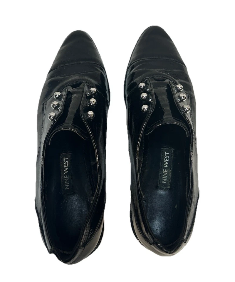 Nine West Negro Patente Oxford Planos Sin Cordones Ojales Plateados Talla 6 Foto 4 de 4