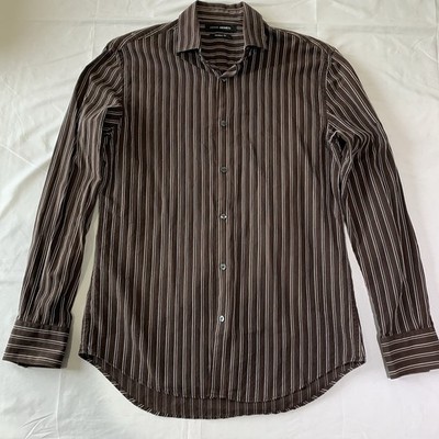 John Henry Mens Brown White Striped Button Up Dress Shirt Modern Fit Small