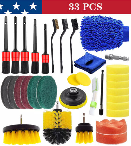 33Pcs Car Cleaning Kit Interior Exterior Auto Detailing Wash Drill Brush part US