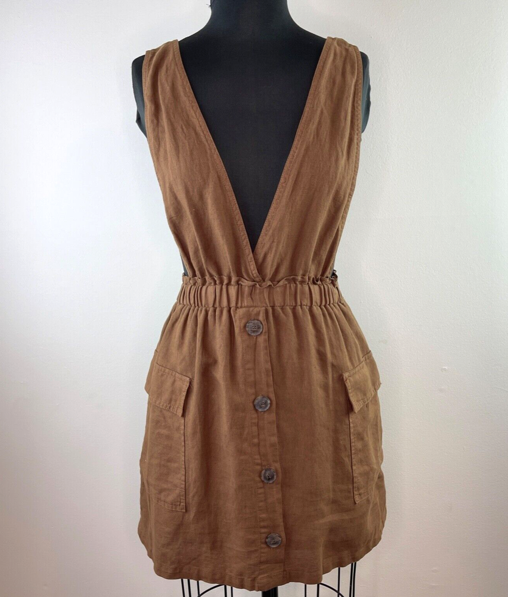 ZARA Brown Sleeveless Open Side Linen Elastic Button Short Dress S Small