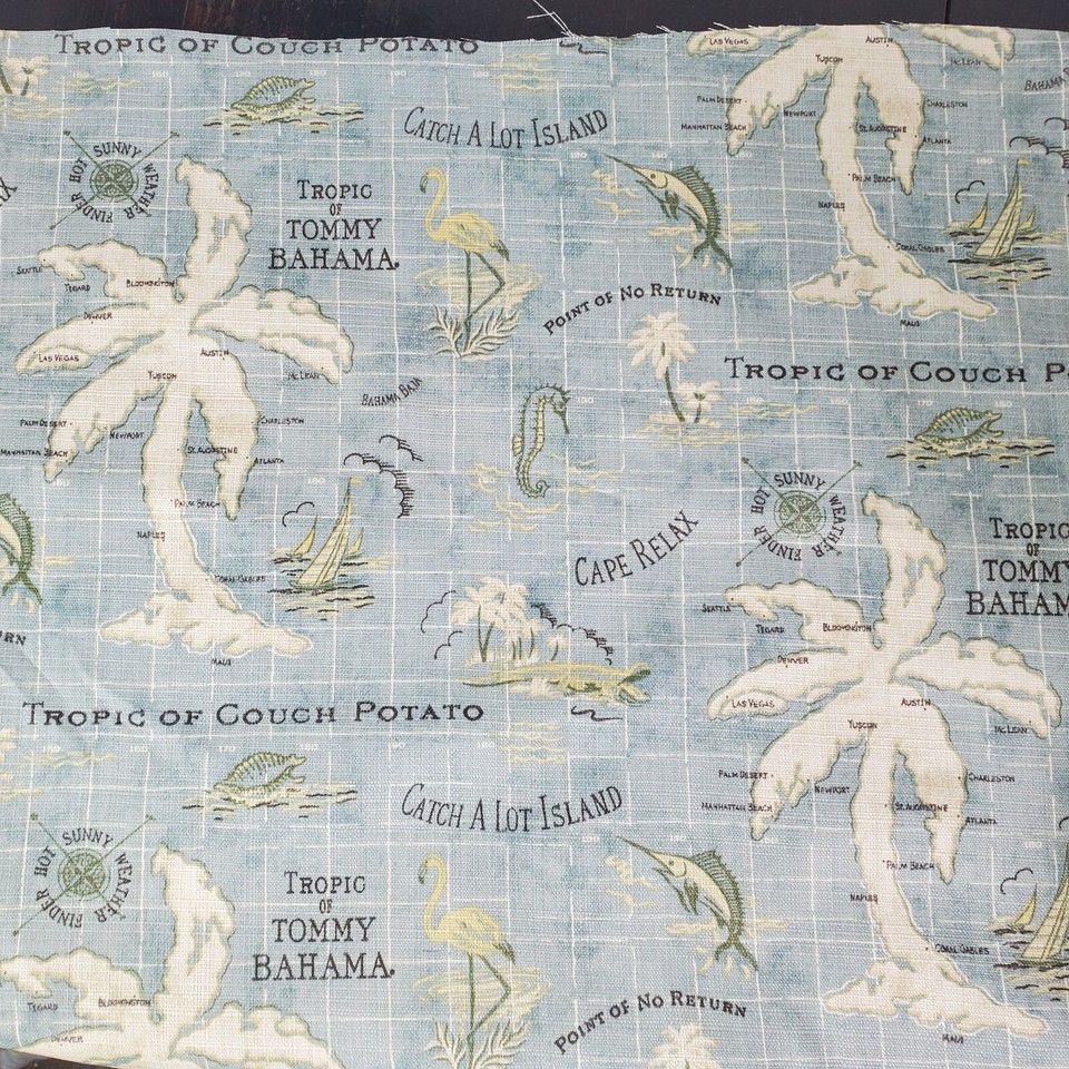 Tommy Bahama Island Song Blue Decorator Fabric Tropical Map Palm