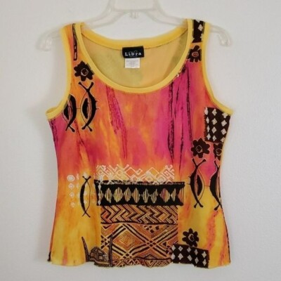 Libra Artsy Graphic Orange, Pink, Yellow, Brown & Black Print Tank Top M